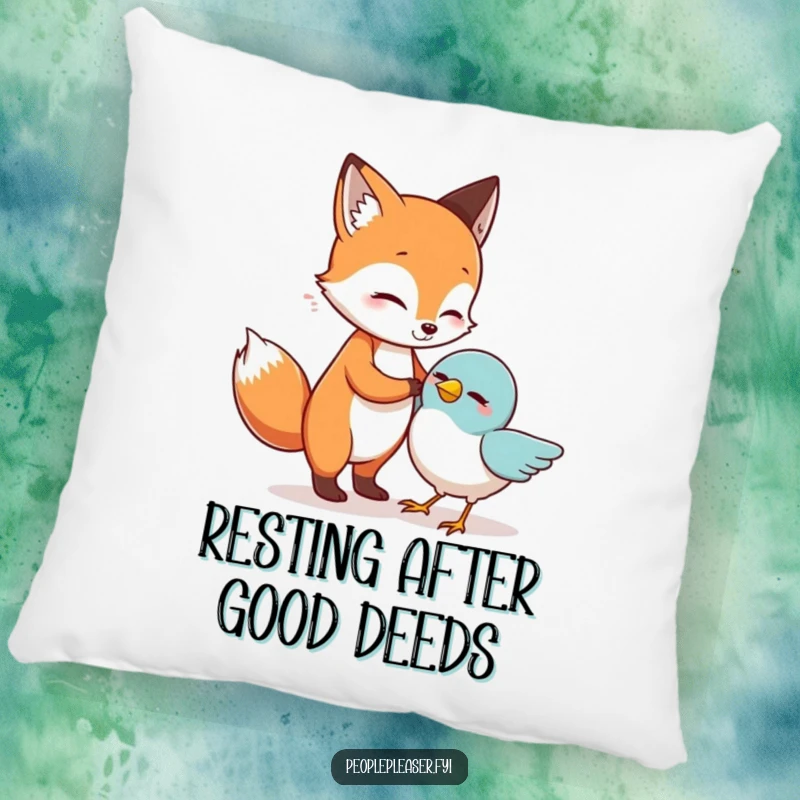 Funny Pillow: A sympathetic fox offers help to a bird, creating a funny and comforting image.