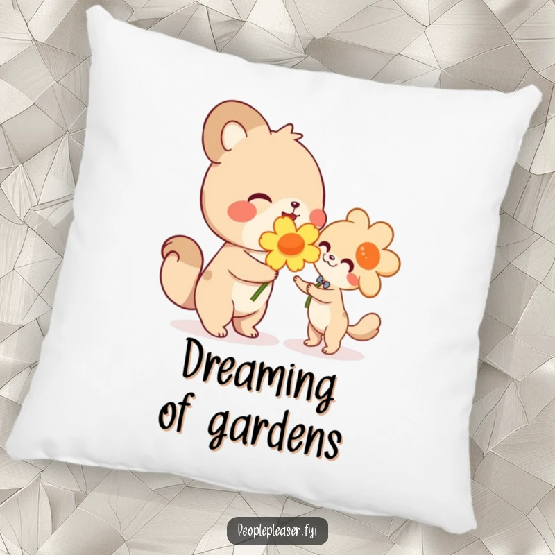 Funny pillow, cute animal beaming while handing a large flower, designed for comfort and a humorous appreciation of kindness.