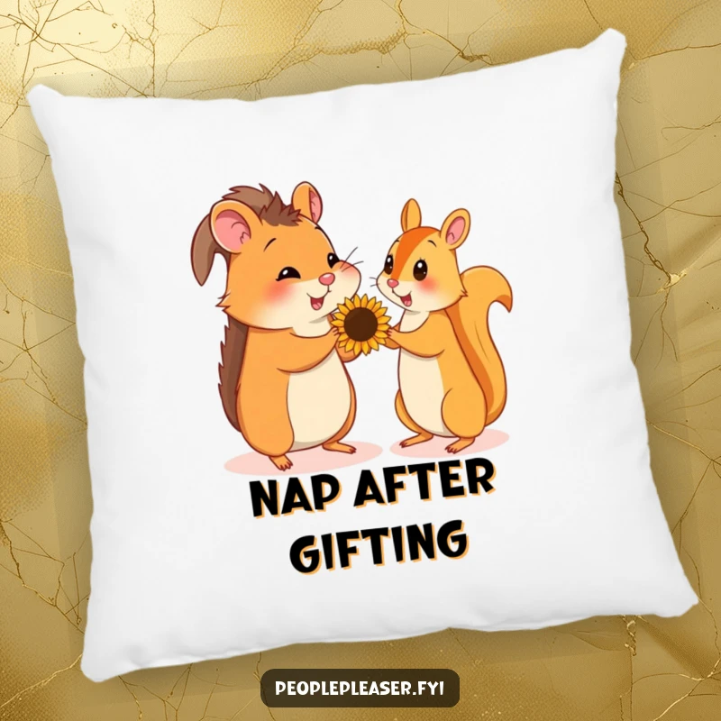 Funny pillow with a cute hamster giving a sunflower seed to a squirrel, perfect for a cozy and humorous touch.