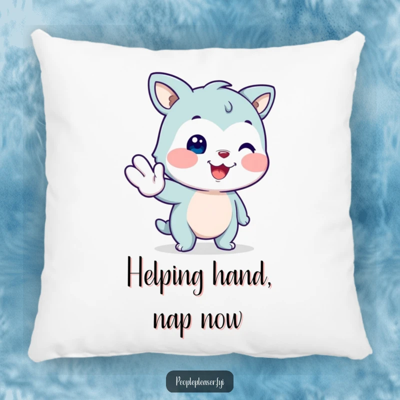 Funny smiling animal pillow, offering a helping paw with a kind smile, a soft and humorous decorative item.