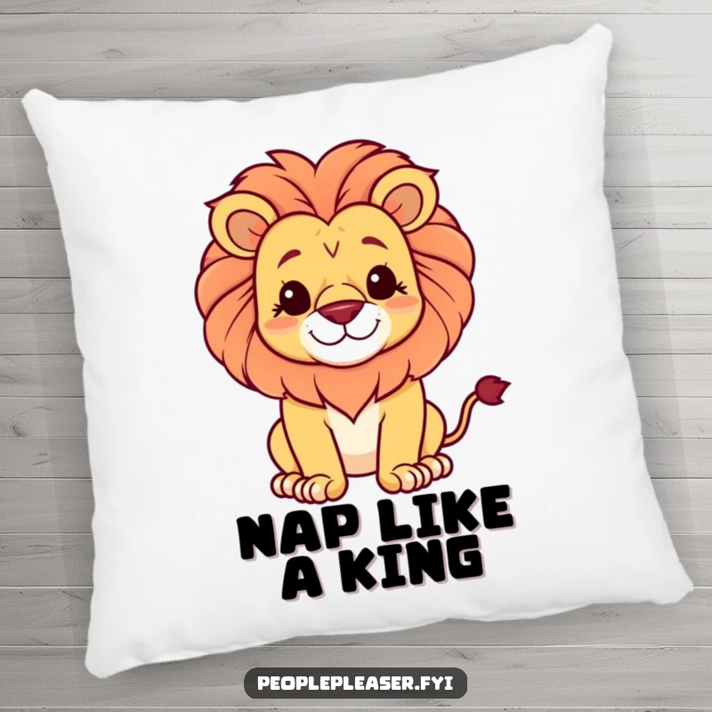 Funny pillow design of a proud lion with a gentle smile, bringing comfort and quiet dignity.