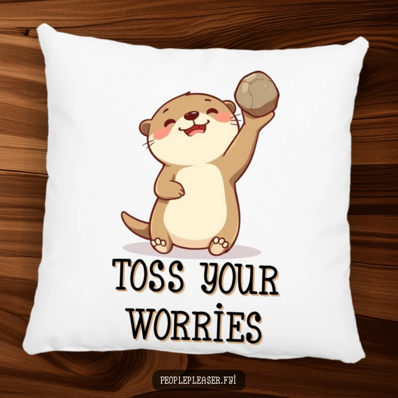 Funny pillow featuring a delighted otter character gleefully tossing a smooth stone, offering comfort and a touch of playful amusement.