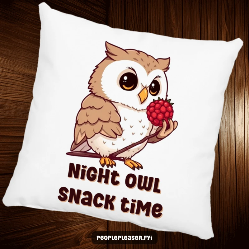 Funny pillow with a curious owl offering a polished berry, soft and comforting for any room.
