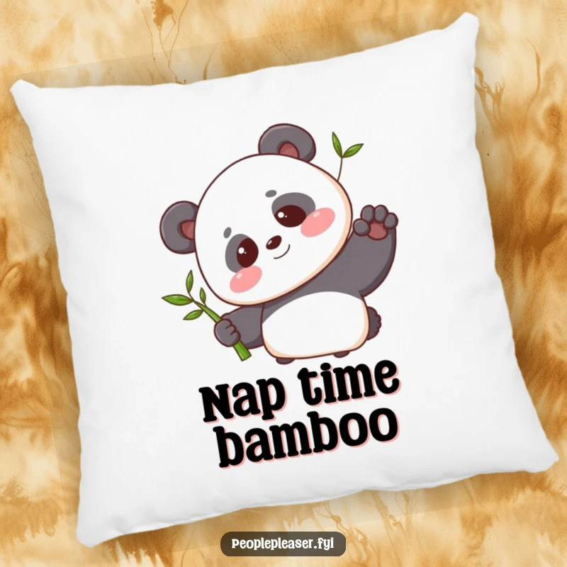Funny pillow featuring a blushing panda character offering a single bamboo shoot with a sweet smile, providing comfort and adorable appeal.