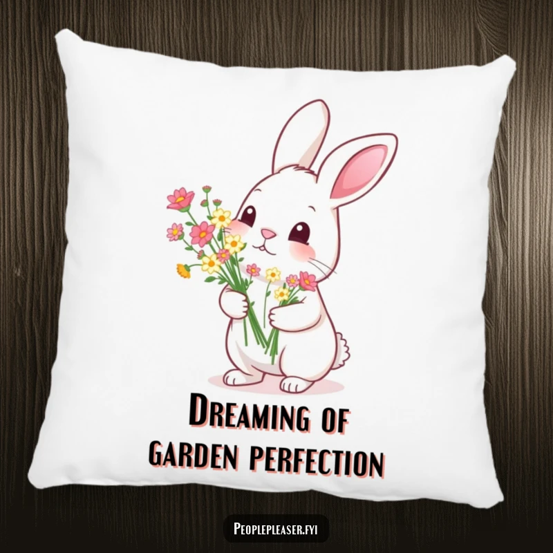 Funny Pillow: A diligent rabbit offers a meticulously arranged bouquet of tiny flowers, creating a humorous and heartwarming decorative piece.