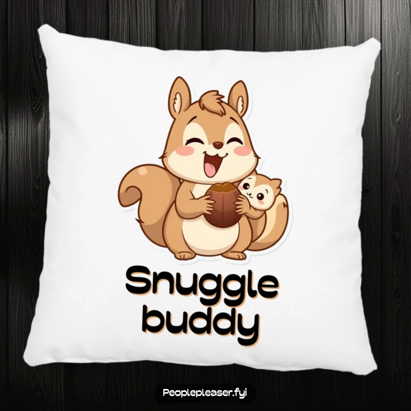 Funny squirrel pillow with a cheerful character offering a nut, providing plush comfort and a humorous symbol of friendship.