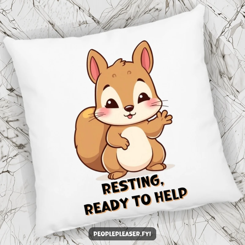Funny pillow showcasing a diligent squirrel character offering a helping paw, offering comfort and a reminder of friendship.