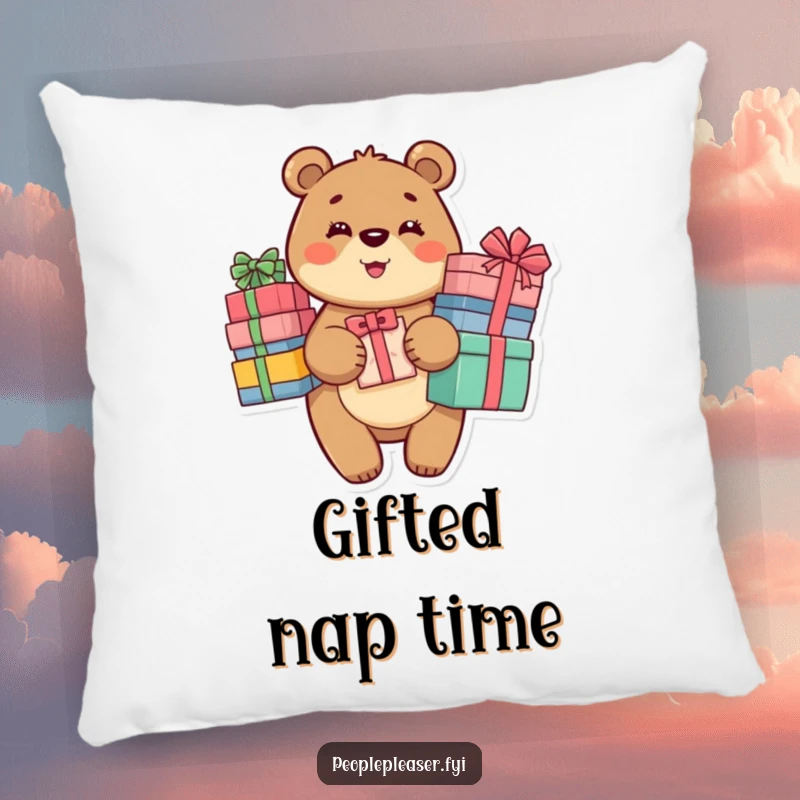 Funny Bear Pillow featuring a smiling bear holding a big stack of presents, perfect for adding a cozy and generous touch.