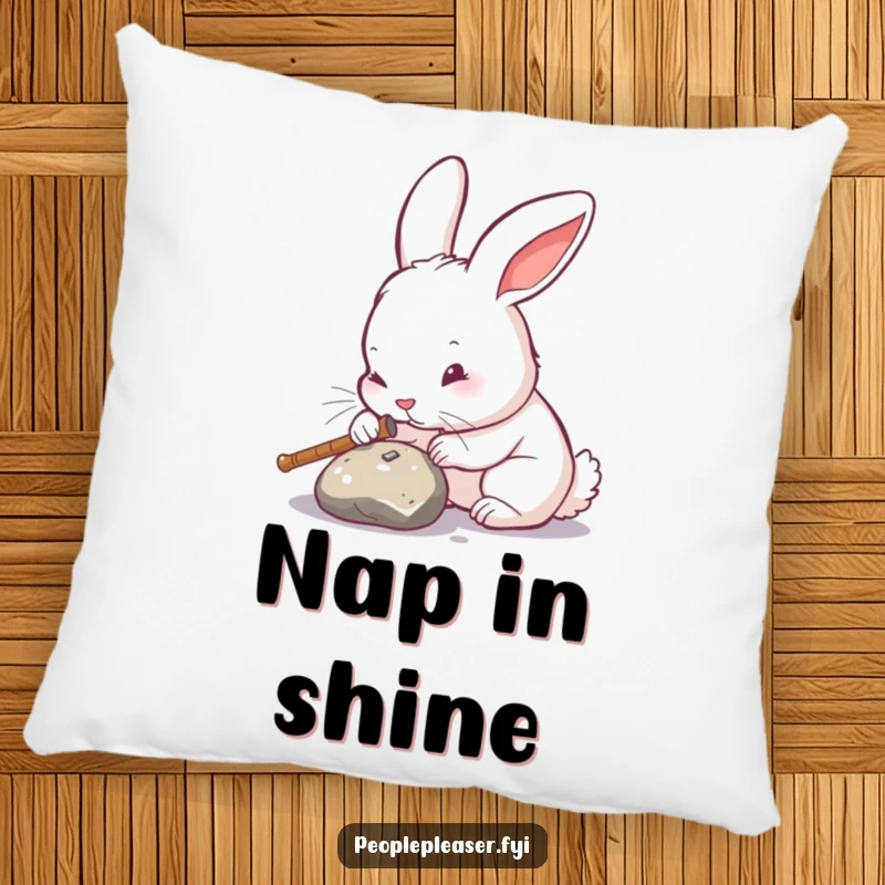 Funny rabbit pillow, depicted polishing an object to a high shine, symbolizing meticulousness, comfort, and a love for perfection.
