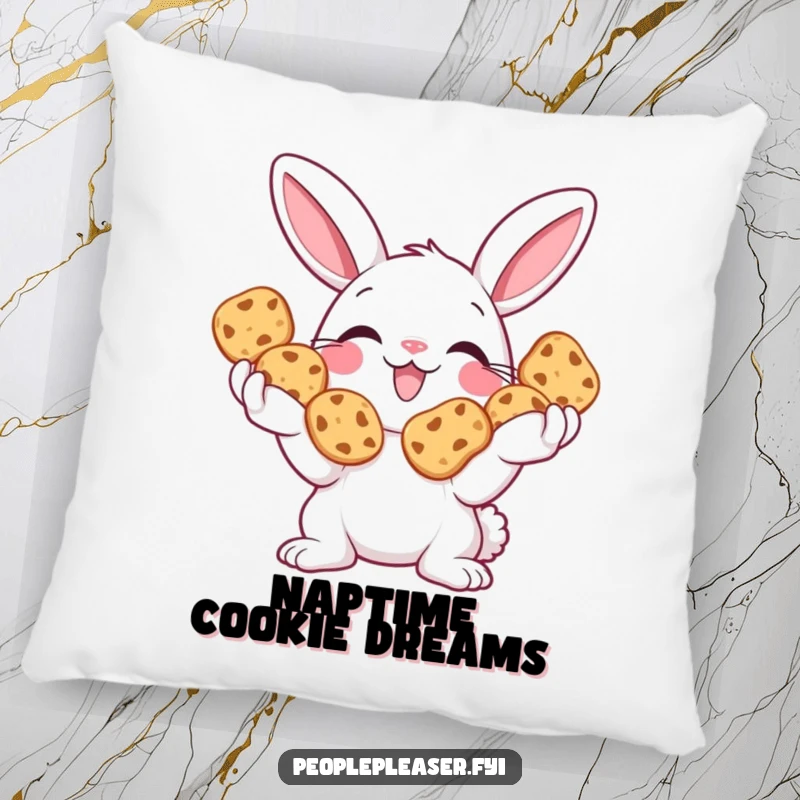 Funny Bunny Pillow featuring a smiling bunny with paws full of cookies, ideal for adding comfort and cuteness.
