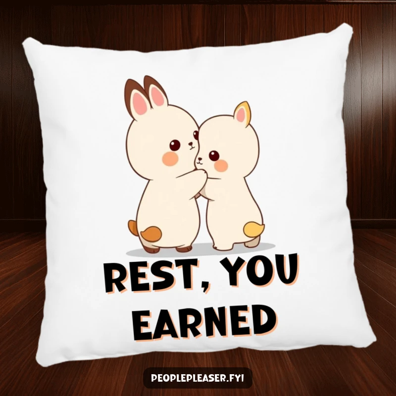 Funny pillow with a small, caring animal character giving a comforting pat on the back, ideal for support.