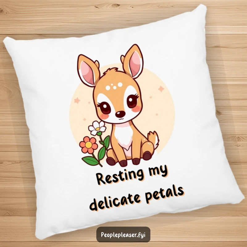 Funny pillow featuring a lovable deer character offering a delicate flower, perfect for adding comfort and a touch of humor.