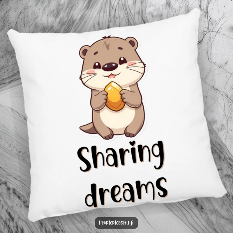 Funny pillow design of a playful otter sharing a shiny stone, bringing comfort and a smile.