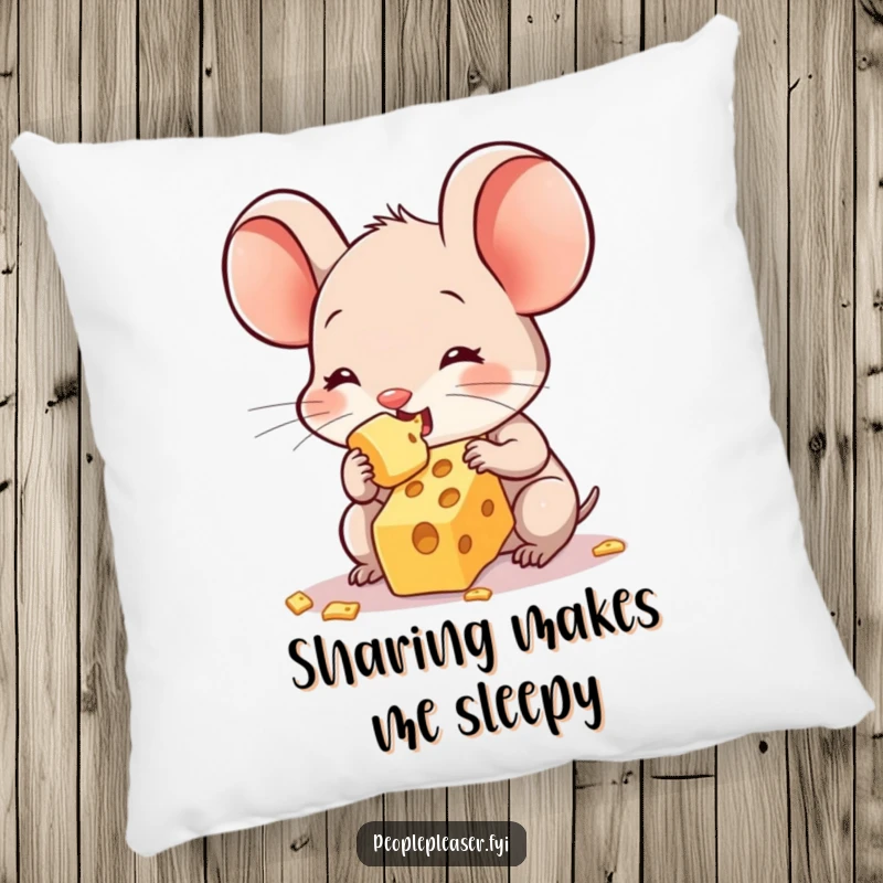 Funny pillow with a cute mouse character sharing its last piece of cheese, offering comfort and a heartwarming, humorous visual.