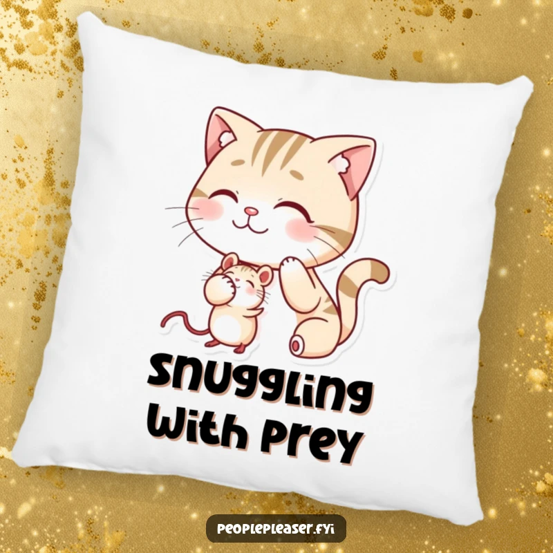 Funny decorative pillow with a smiling cat patting a mouse on the head, soft and humorous.