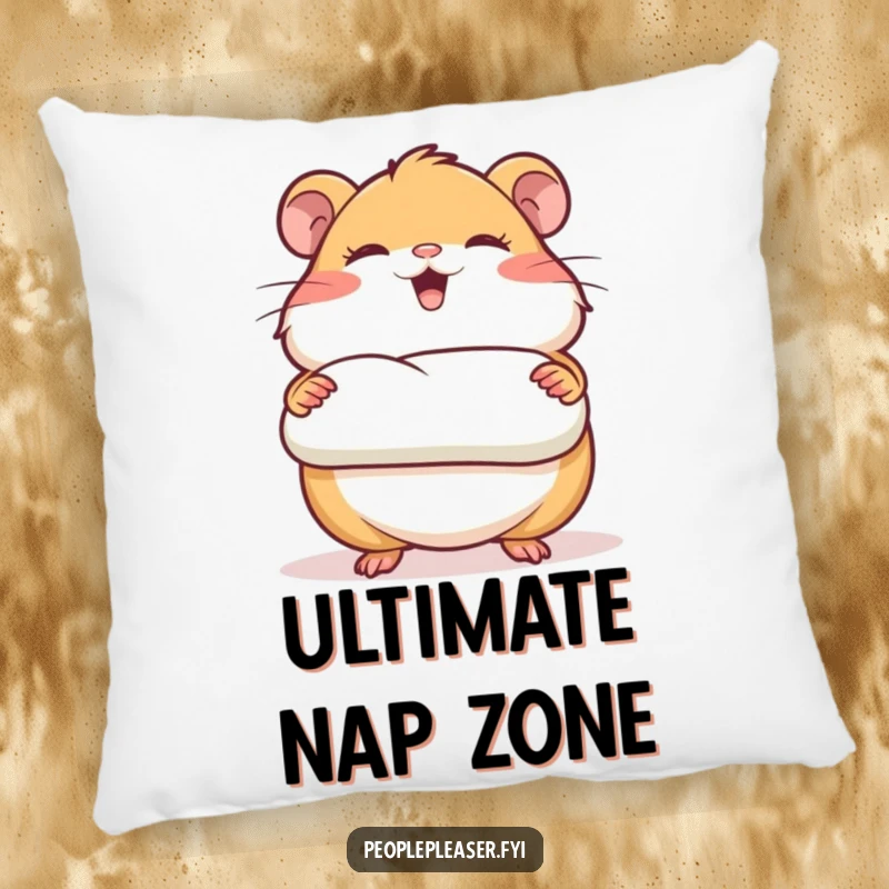 Funny pillow featuring a giggling hamster character presenting a perfectly rolled piece of bedding, offering comfort and a touch of nesting humor.