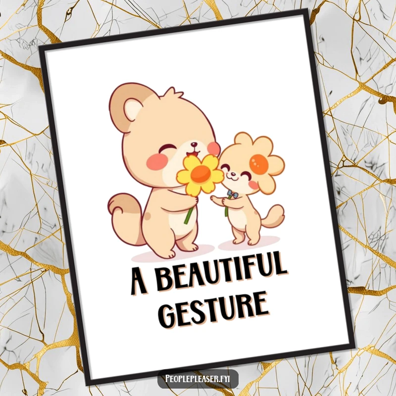 Funny digital art print, cute animal character happily handing a large flower, a humorous illustration of kindness and generosity for printable decor.