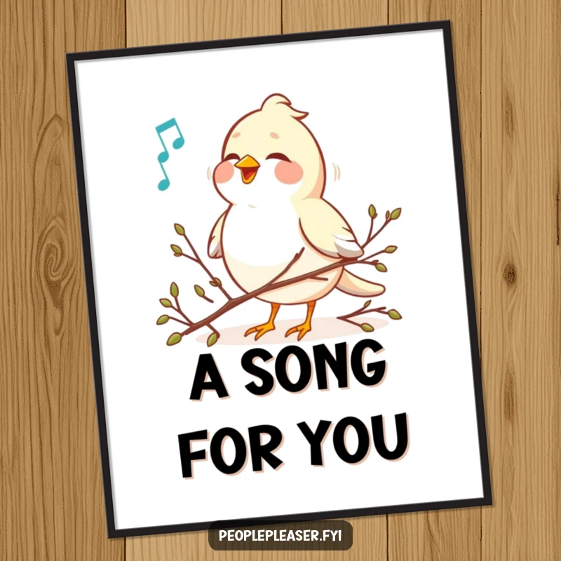 Funny bird singing a sweet melody, arranging tiny twigs, vibrant digital art print, perfect for home decor and music lovers.