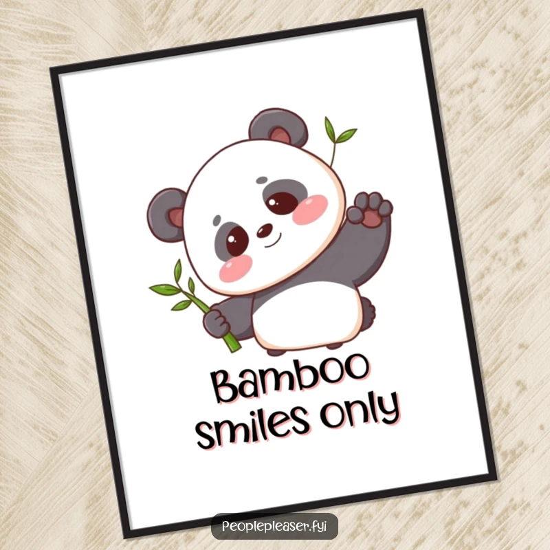 Funny digital art print of a blushing panda character offering a single bamboo shoot with a sweet smile, perfect for charming decor.