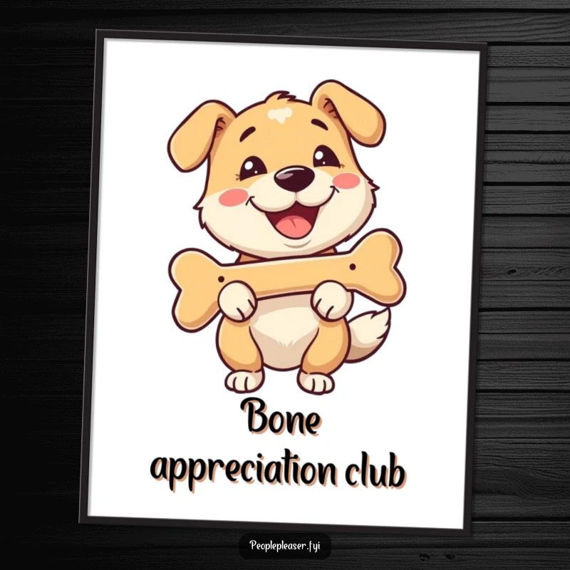 Funny digital art print of a happy dog character fetching a bone with a smile, bringing instant joy and doggy charm.