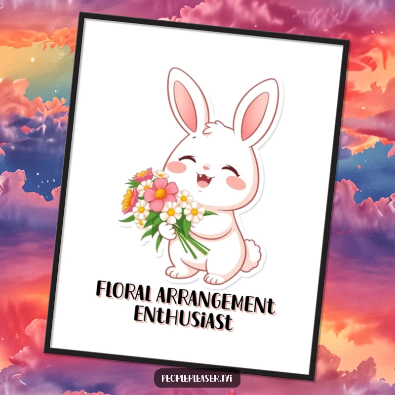 Funny digital art print of a cheerful bunny character holding a bouquet of flowers, bringing instant spring delight and charm.