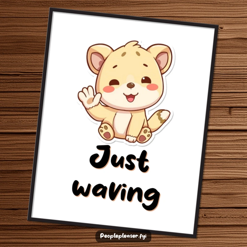 Funny digital art print of a playful animal character giving a friendly wave, perfect for cheerful decor. A wonderful funny gift.