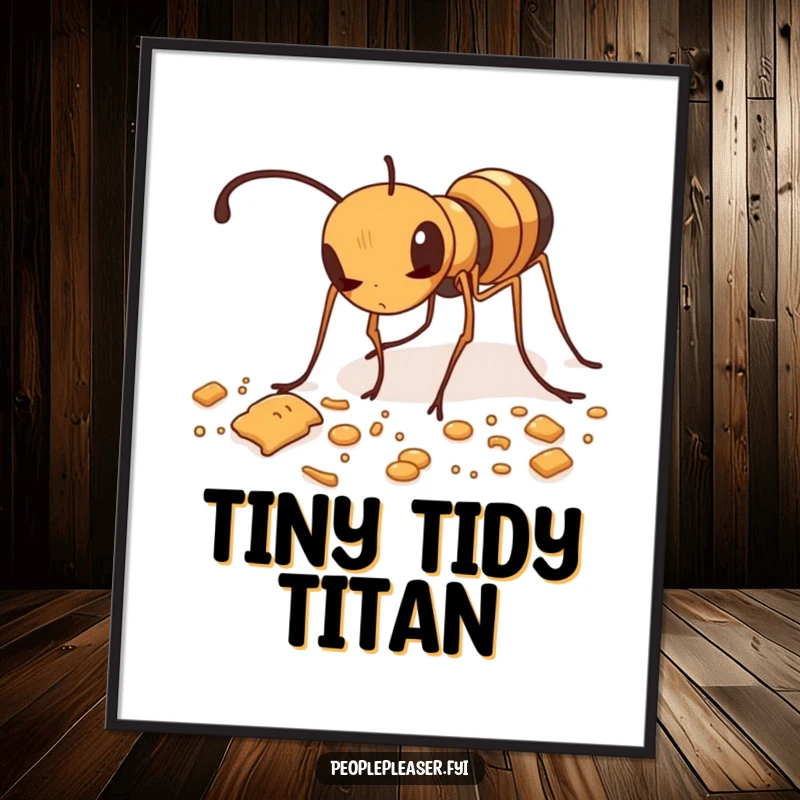 Funny digital art print of a diligent ant meticulously tidying up scattered crumbs, a charming illustration.