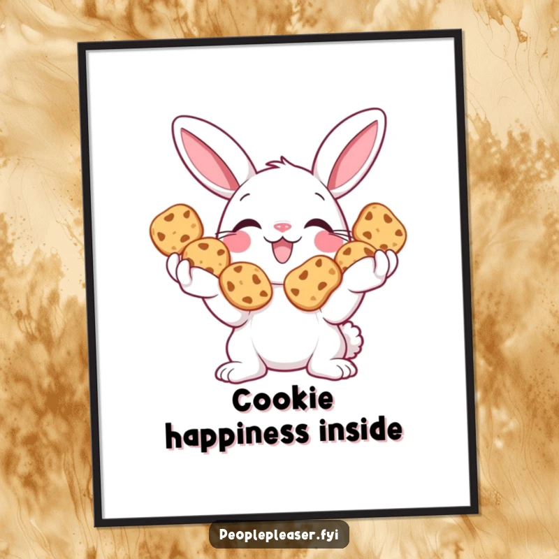 Funny Bunny Digital Art Print of a smiling bunny holding out a pile of cookies, perfect for instant, charming decor.