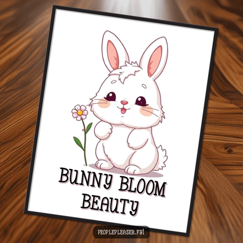 Funny bunny digital art print, enthusiastically nodding while presenting a small flower, radiating joy and a peaceful, cheerful vibe.