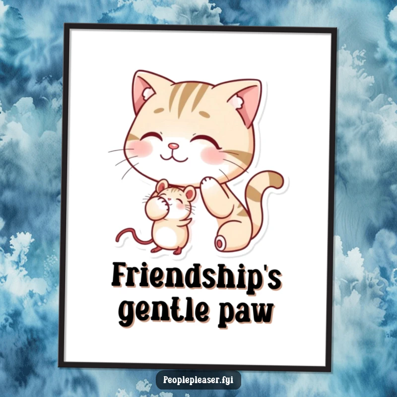 Funny digital art print of a smiling cat patting a mouse on the head, high-quality.