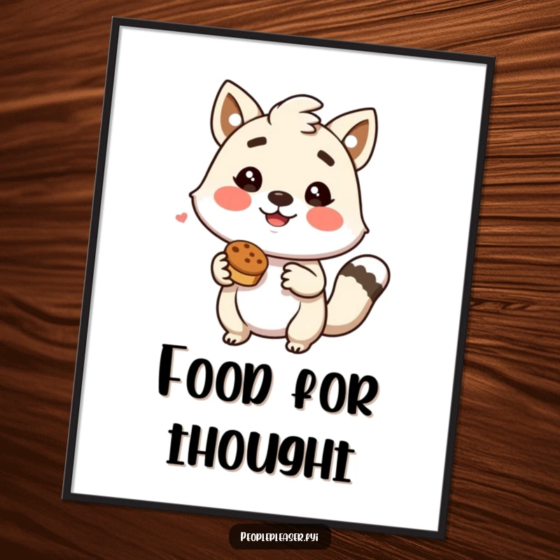 Funny digital art print of a happy animal character enthusiastically offering a tempting treat, perfect for wall decor.