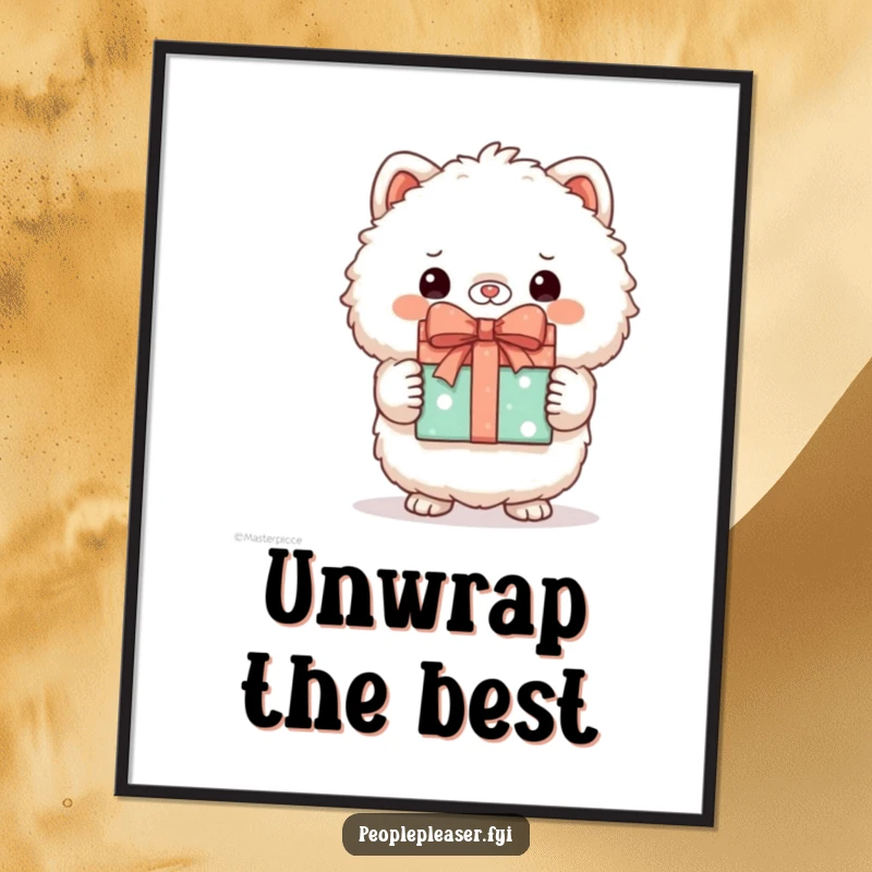 Funny digital art print of a proud fluffy animal character holding a perfectly wrapped gift, symbolizing celebration.
