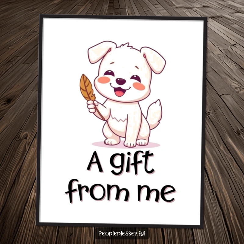 Funny digital art print of a happy dog wagging its tail and presenting a found feather, radiating pure joy.