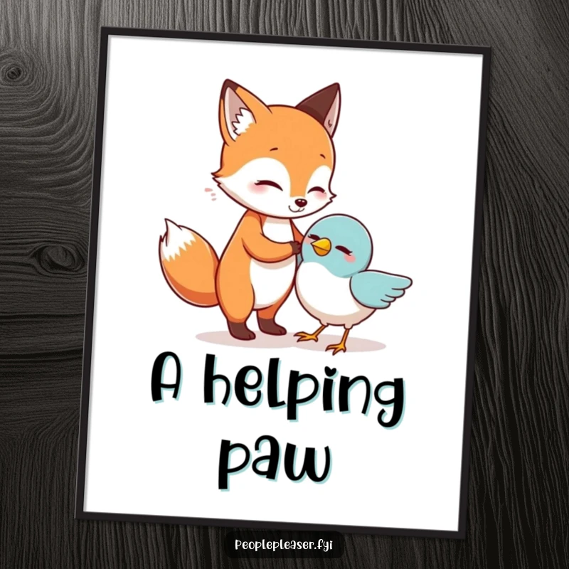 Funny Digital Art: A fox helps a bird, an instant humorous printable for wall decor.
