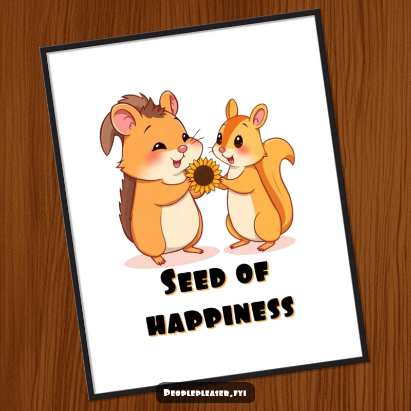 Funny digital art print of a hamster giving a sunflower seed to a squirrel, capturing a moment of pure, shared joy.