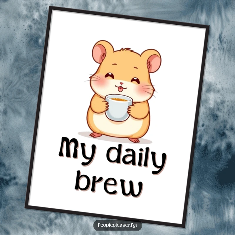 Funny hamster digital art print of a cute character holding a tiny teacup. High-resolution artwork for instant download adds humor to walls.
