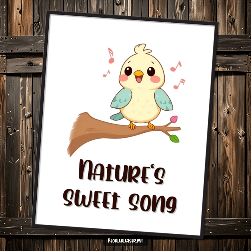 Funny Kawaii bird digital art print of a character singing a cheerful tune from a branch, ideal for humorous and joyful digital decoration.