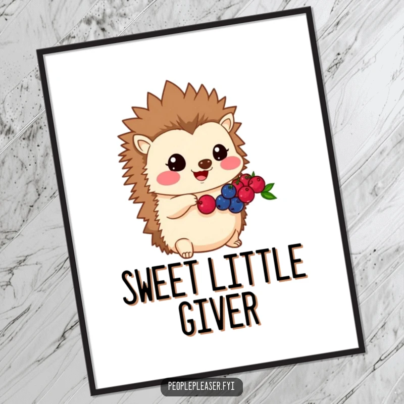 Funny Kawaii hedgehog digital art print of a character sharing its berries, ideal for humorous and kind digital decoration.