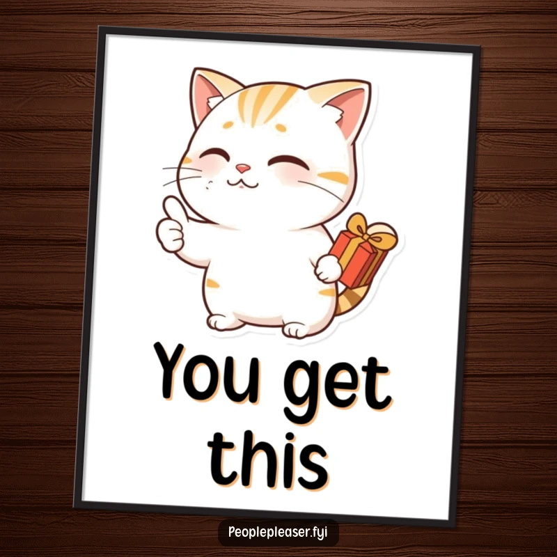 Funny digital art print of a nodding cat character giving a thumbs up with a gift, bringing instant humor to any space.