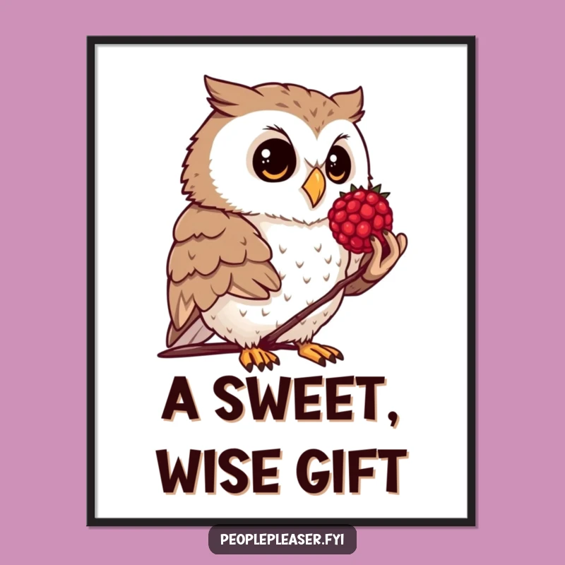 Funny Owl Berry Digital Art: Printable art of an owl offering a berry, a funny gift.