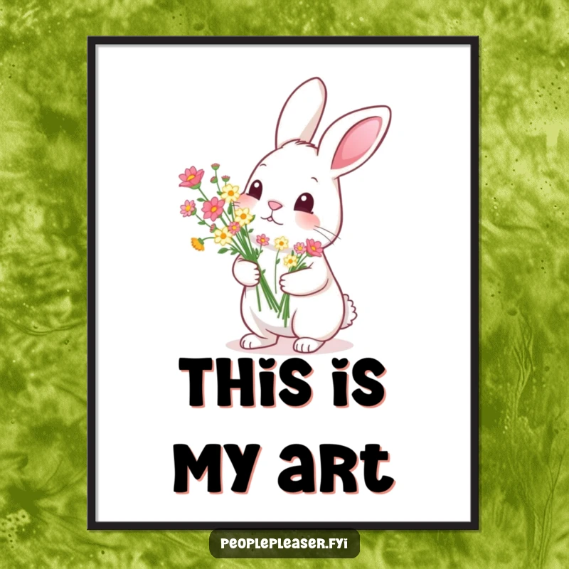 Funny Digital Art Print: A diligent rabbit meticulously arranges a bouquet of tiny flowers, a humorous and heartwarming piece for digital display.