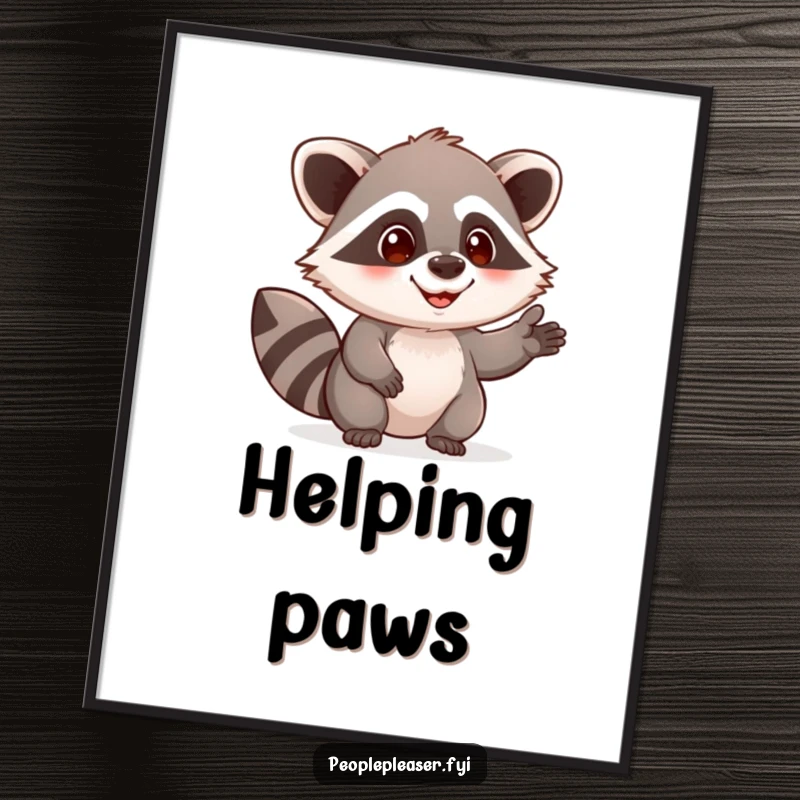 Funny raccoon digital art print of a curious character offering a helping hand. High-resolution artwork for instant download adds humor to walls.