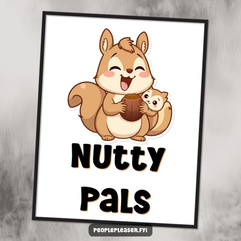 Funny squirrel digital art print of a delighted character sharing a nut. High-resolution artwork for instant download celebrates friendship with humor.