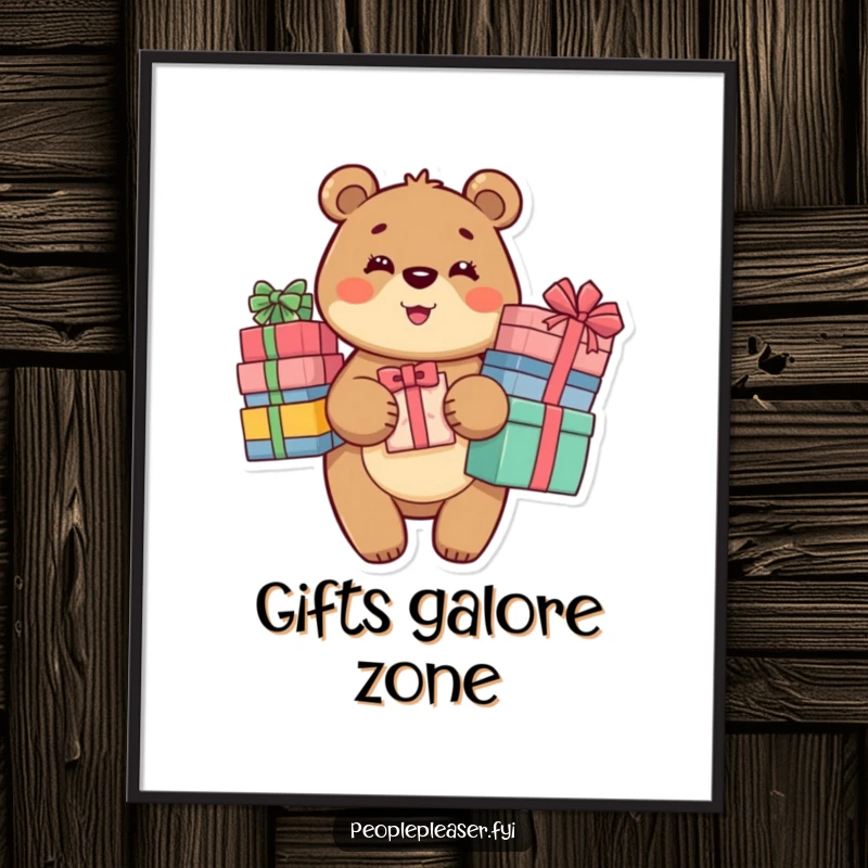 Funny Bear Digital Art Print of a beaming bear character holding a large stack of gifts, perfect for instant, inspiring decor.