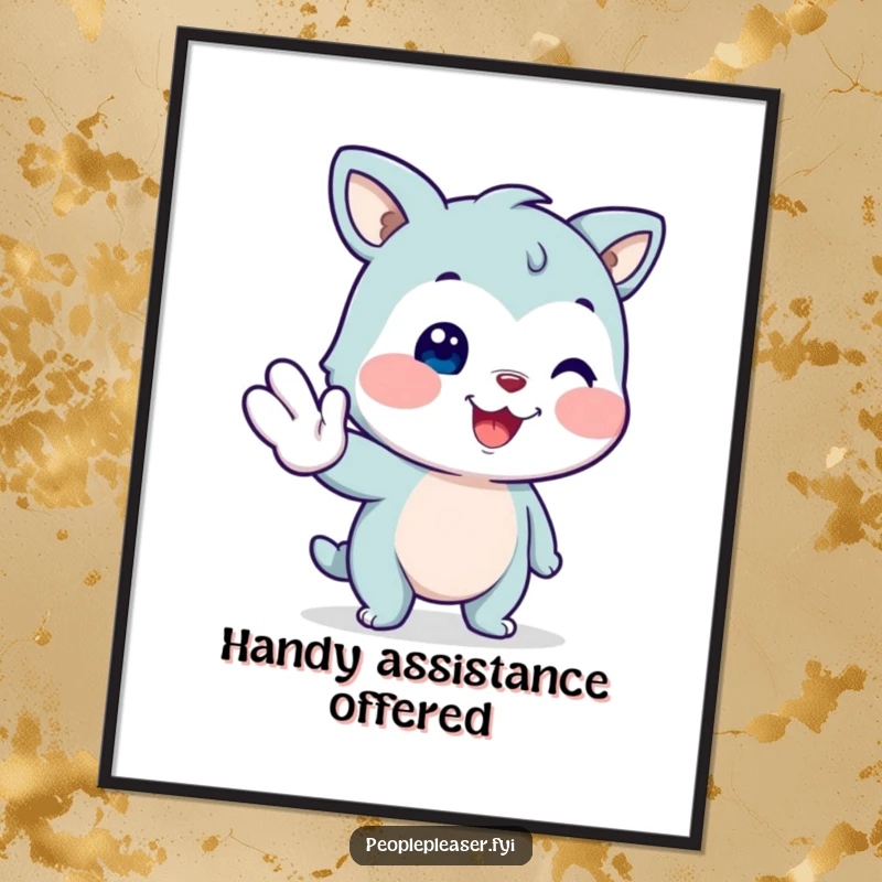 Funny smiling animal digital art print, extending a paw to help with a kind expression, a high-resolution humorous artwork.