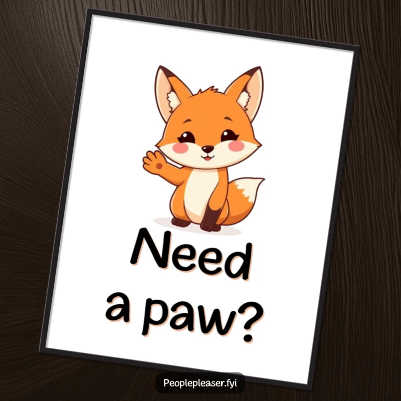 Funny Fox Digital Art Print: A joyful fox character extends its paw in a helpful gesture, radiating kindness. Wall-worthy funny gift!