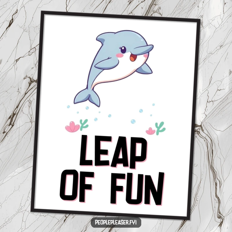 Funny Kawaii dolphin digital art print, a high-resolution image of a dolphin leaping with pure delight.