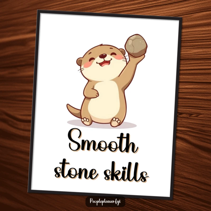 Funny digital art print of a delighted otter character gleefully tossing a smooth stone, perfect for lively and humorous wall decor.