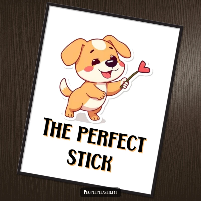 Funny digital art print of a playful dog character fetching a single, perfect stick, perfect for energetic wall decor.