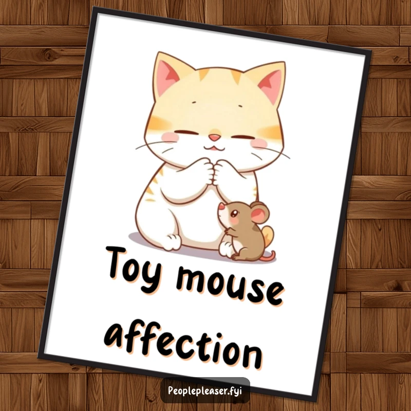 Funny digital art print of a content cat character purring while gently grooming a toy mouse, perfect for cozy wall decor.